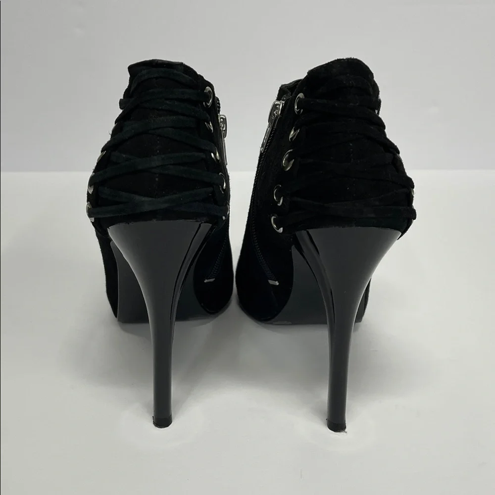 BCBGeneration black suede platform stiletto ankle booties with laceup detail